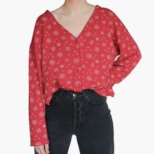 Snowflake Holiday Red & White Thermal Button Up Crop Long Sleeve